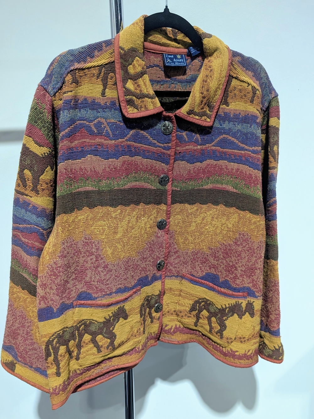 VTG 1990's Jane Ashley Multicolor Southwestern Horse Knit Jacket
